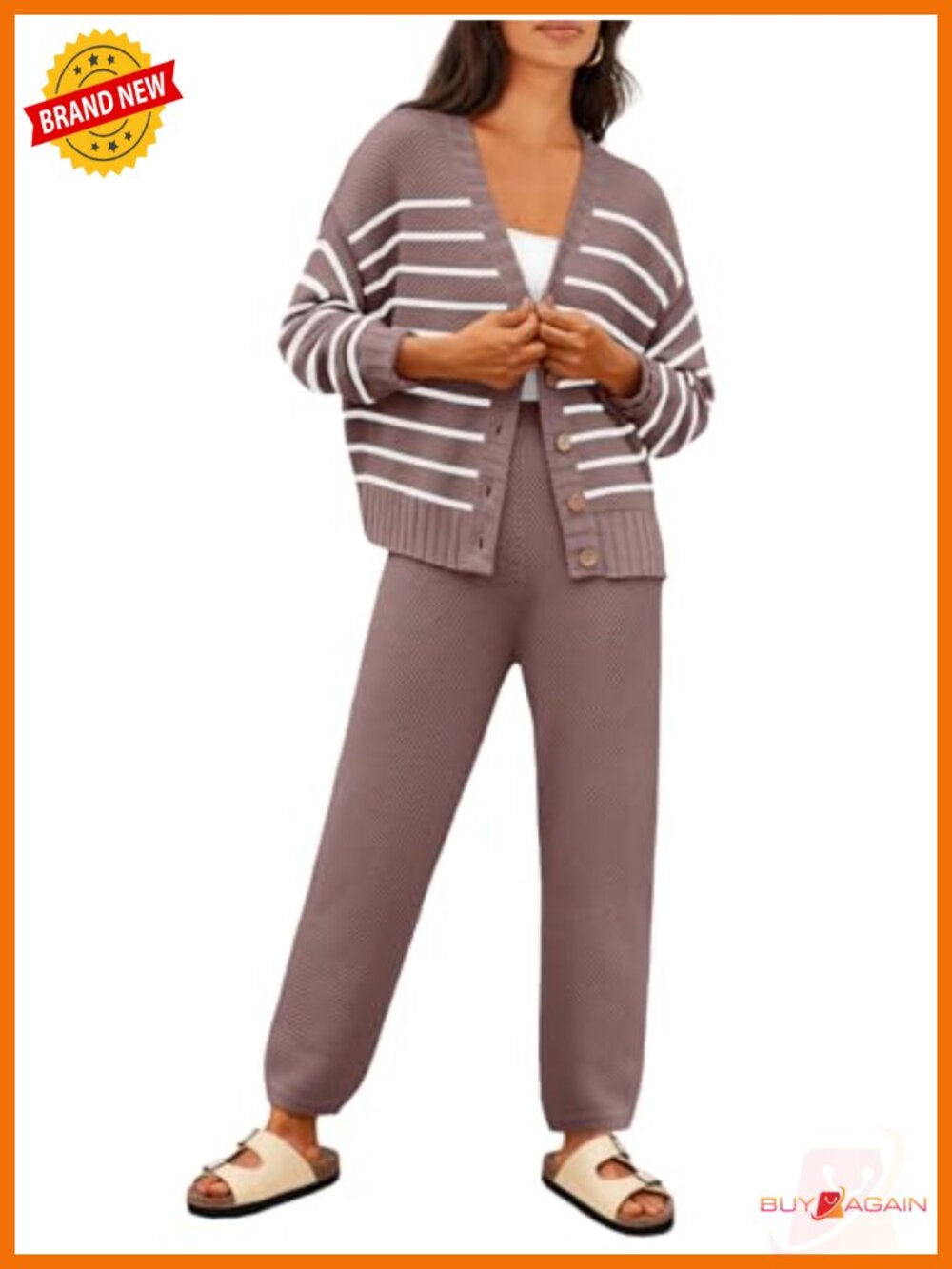 Women 2 Piece Cardigan Lounge Set Acrylic Cotton Sweater & Pants Relaxed Fit